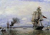 Port Canvas Paintings - Leaving the Port of Honfleur